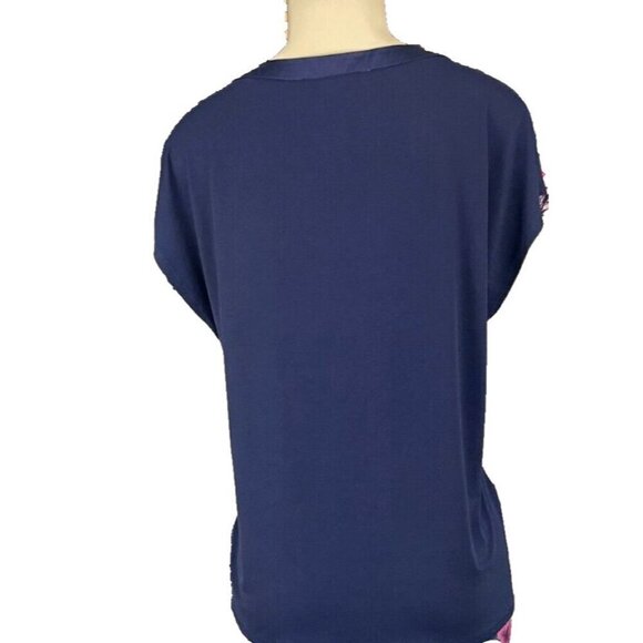 Marc New York L Pink Floral Split Neckline Navy Back Short Dolman Sleeve Blouse - Picture 3 of 6